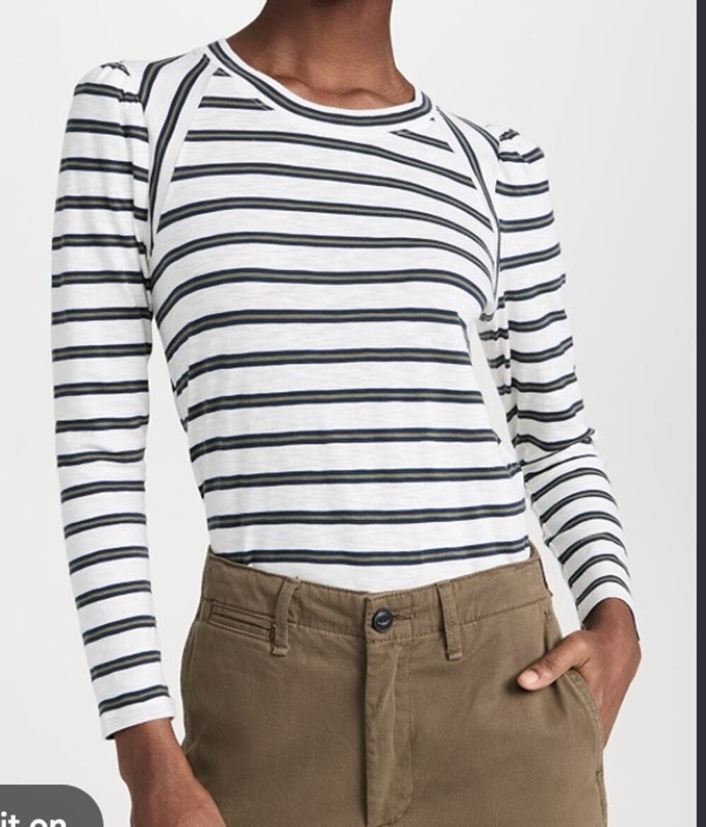 Veronica Beard Delano Puff Long Sleeve Striped Tee Shirt Top Black White XS